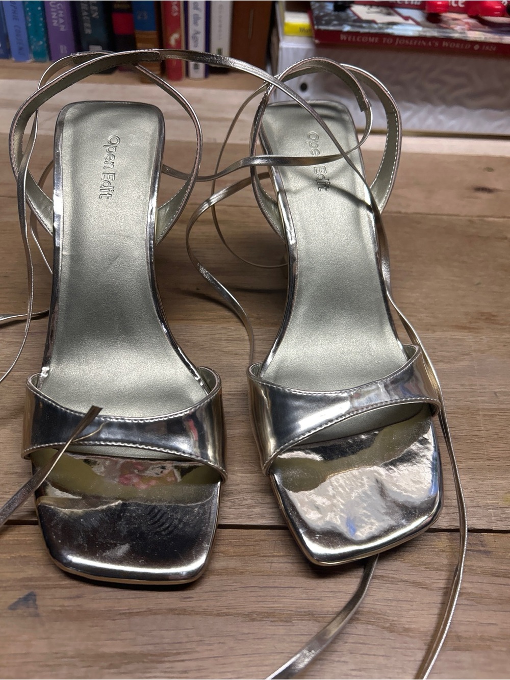 Open Edit Metallic Square-Toe Ankle-Tie Heeled Sandals- size 9M